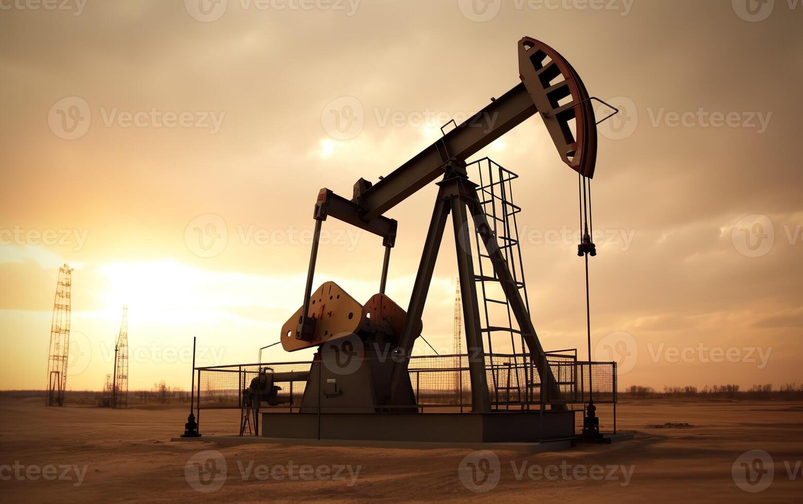 A rig extracting oil in the desert at dawn. AI, photo