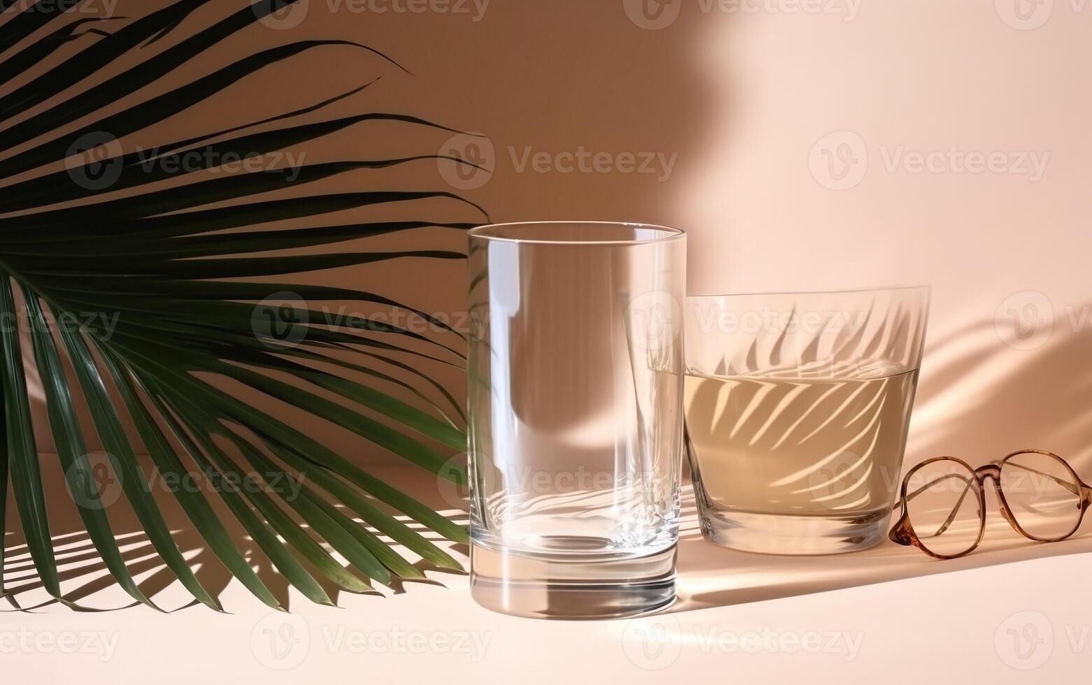 Glass of water on beige background with plant. AI, photo