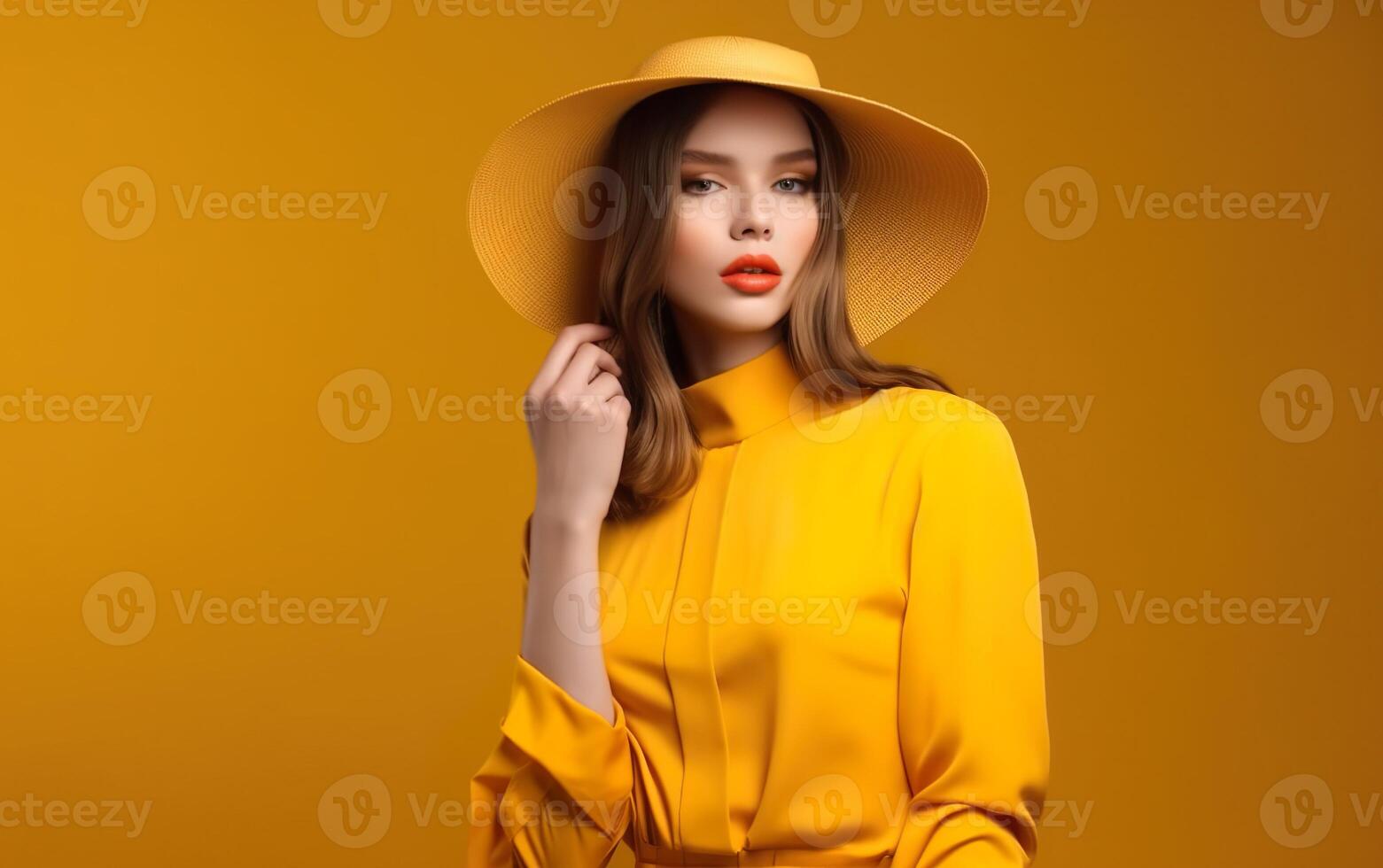Portrait of a young girl wearing a yellow hat and a yellow poncho on yellow background. AI, photo
