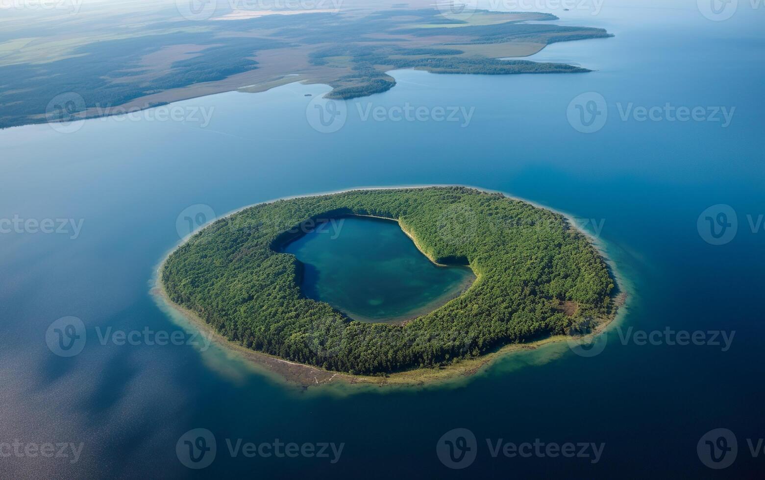 An island with a lagoon in the middle of ocean. AI, photo