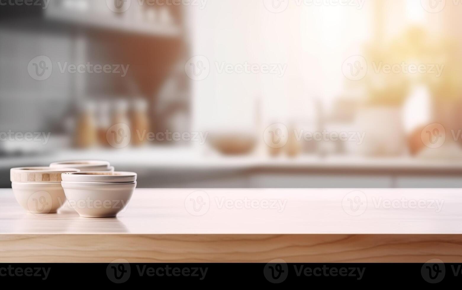 Wooden cups on a wooden table in the kitchen. AI, photo