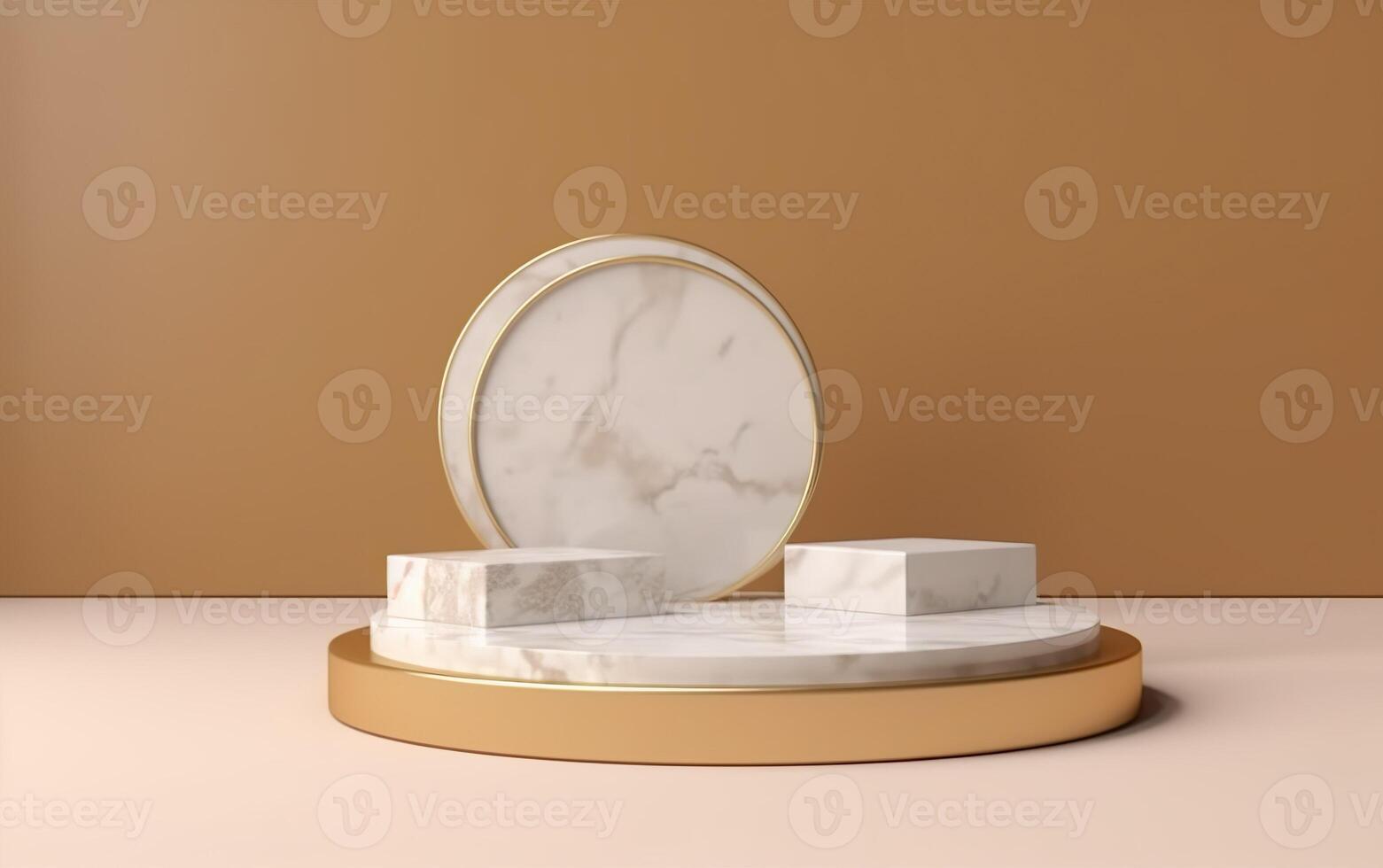 Gold round podium on beige background, and marble installation. Food or product presentation podium, photo