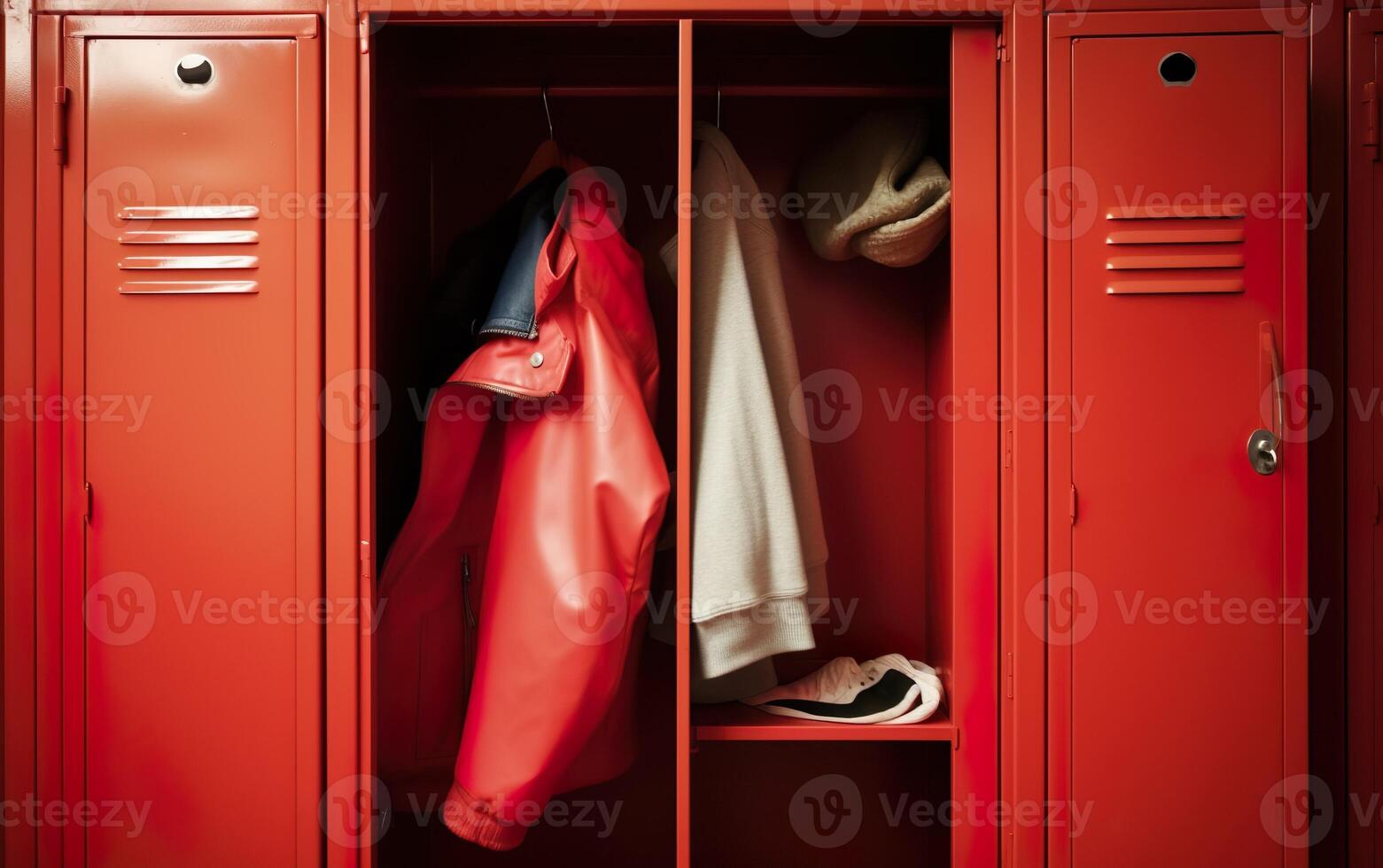 Red locker with things against the background. AI, photo