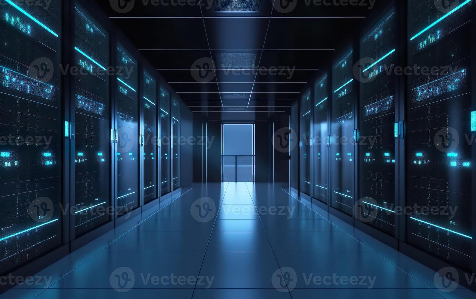 A corridor in a server room with many server racks and a light at the end. AI, photo