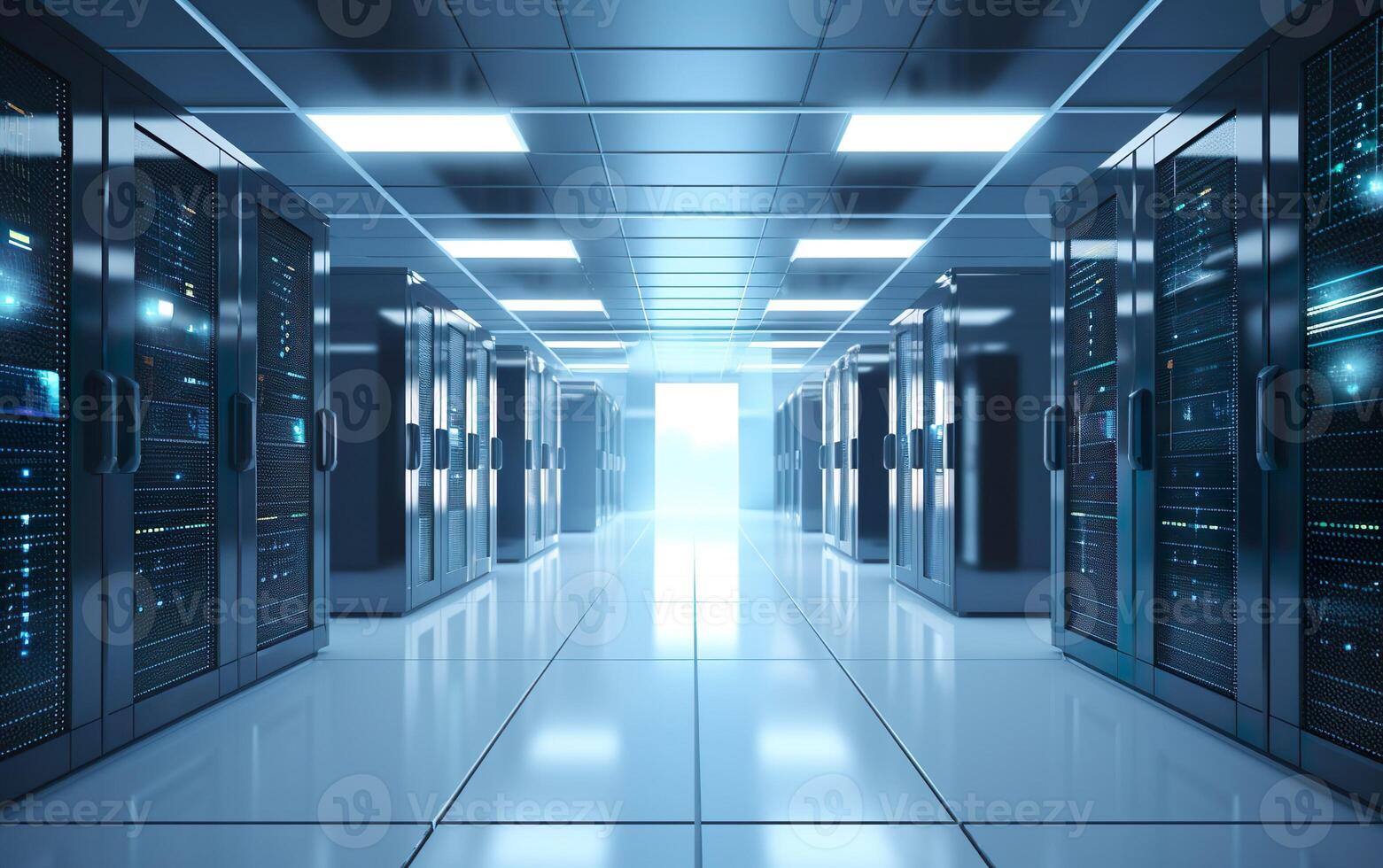 A corridor in a server room with many server racks and a light at the end. AI, photo