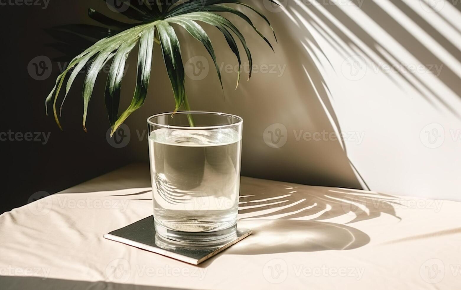 Glass of water on white background with plant. AI, photo