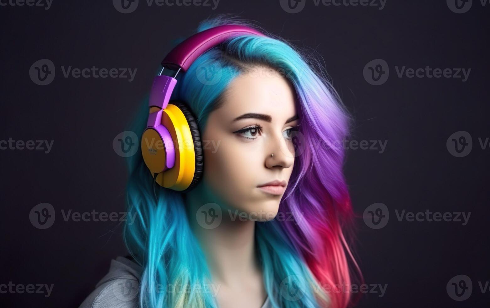 Potrait of woman with rainbow hairs listening to music on a dark background. AI, photo