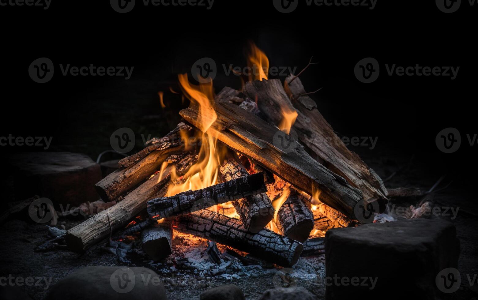 Burning fire and logs on a dark background. AI, photo