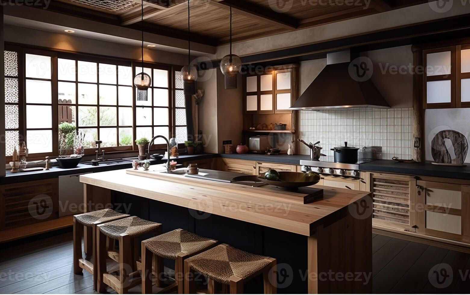Side view on a wooden table and spacious loft kitchen with vintage decor and wooden cabinets. AI, photo