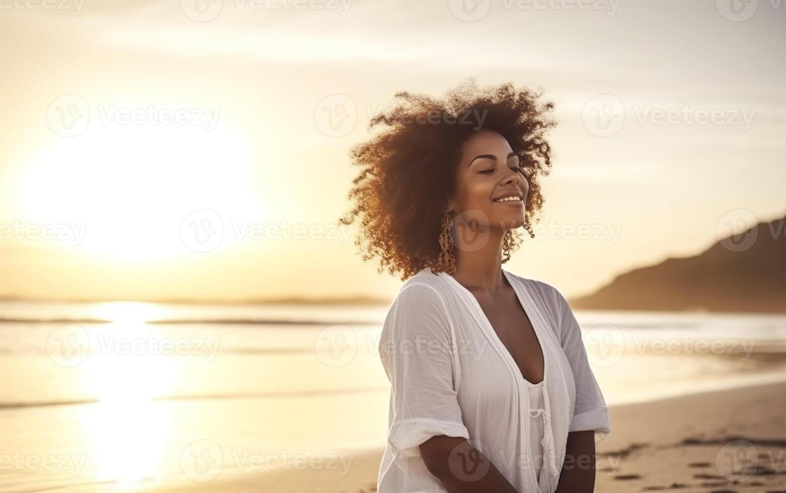 Woman on the beach at sunset. AI, photo