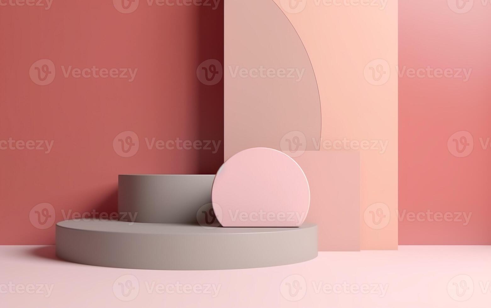Pink podium with spotlights for exhibit. AI, photo