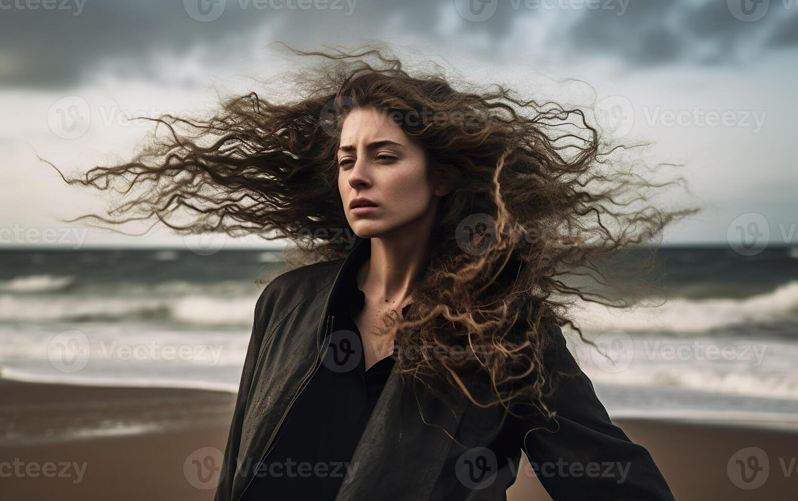 Portrait of a woman on the beach. AI, photo