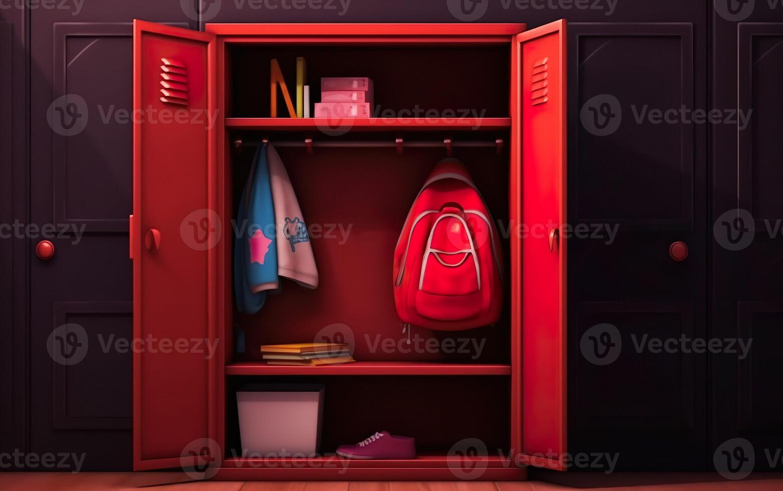 Red locker with things and a red backpack against the background of dark cabinets. AI, photo
