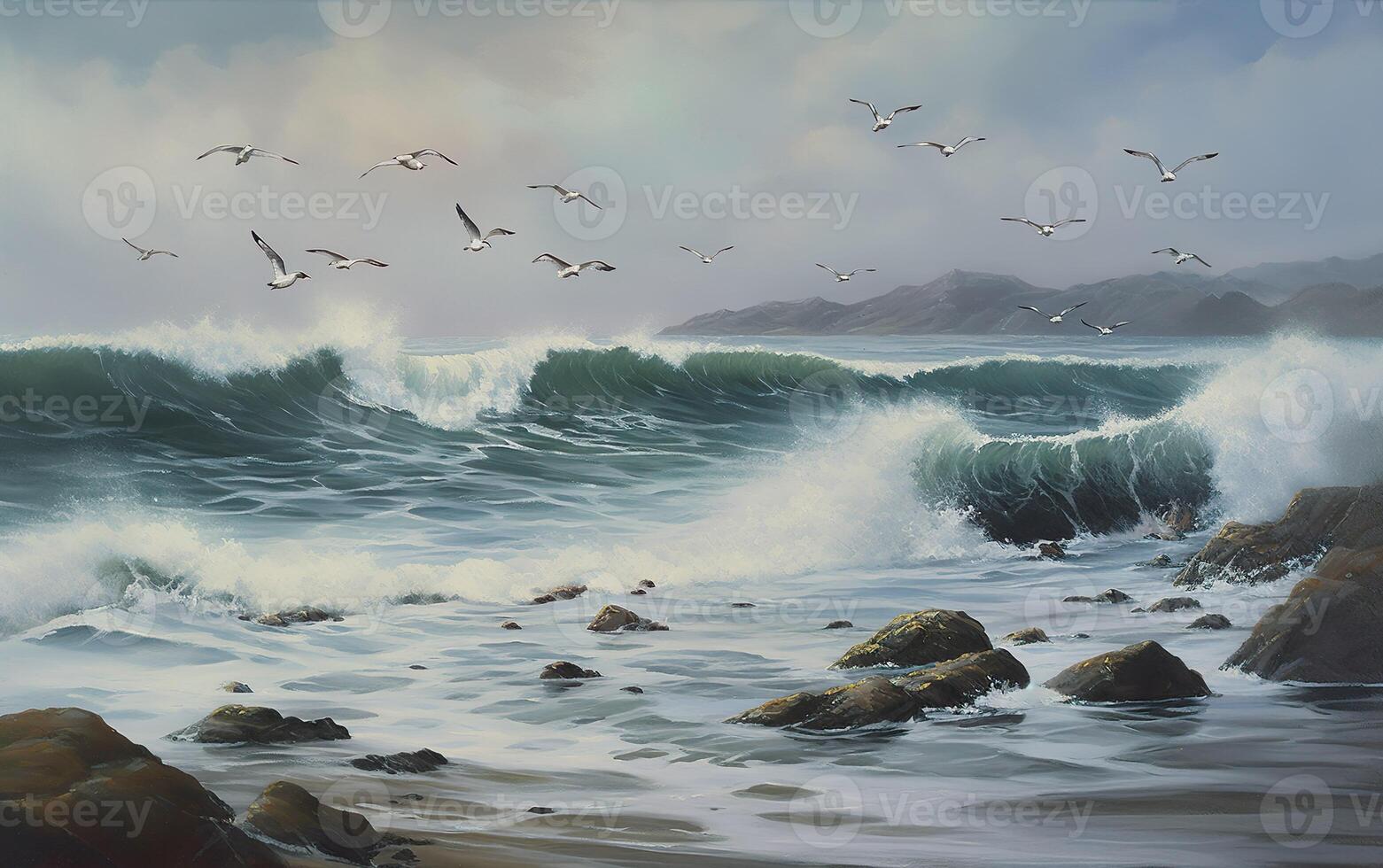 Stormy sea waves on a beach. AI, photo