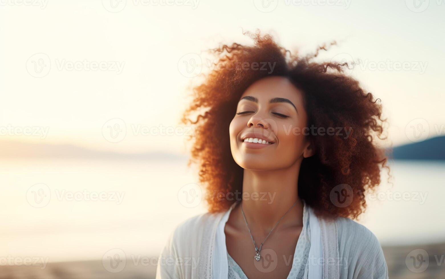 Portrait of a woman at sunset. AI, photo