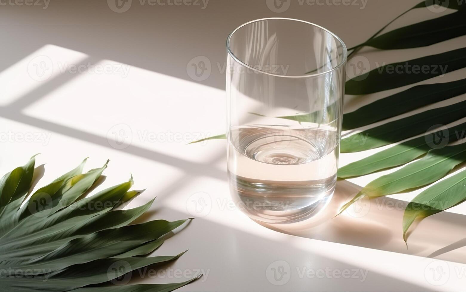 Glass of water on white background with plant. AI, photo