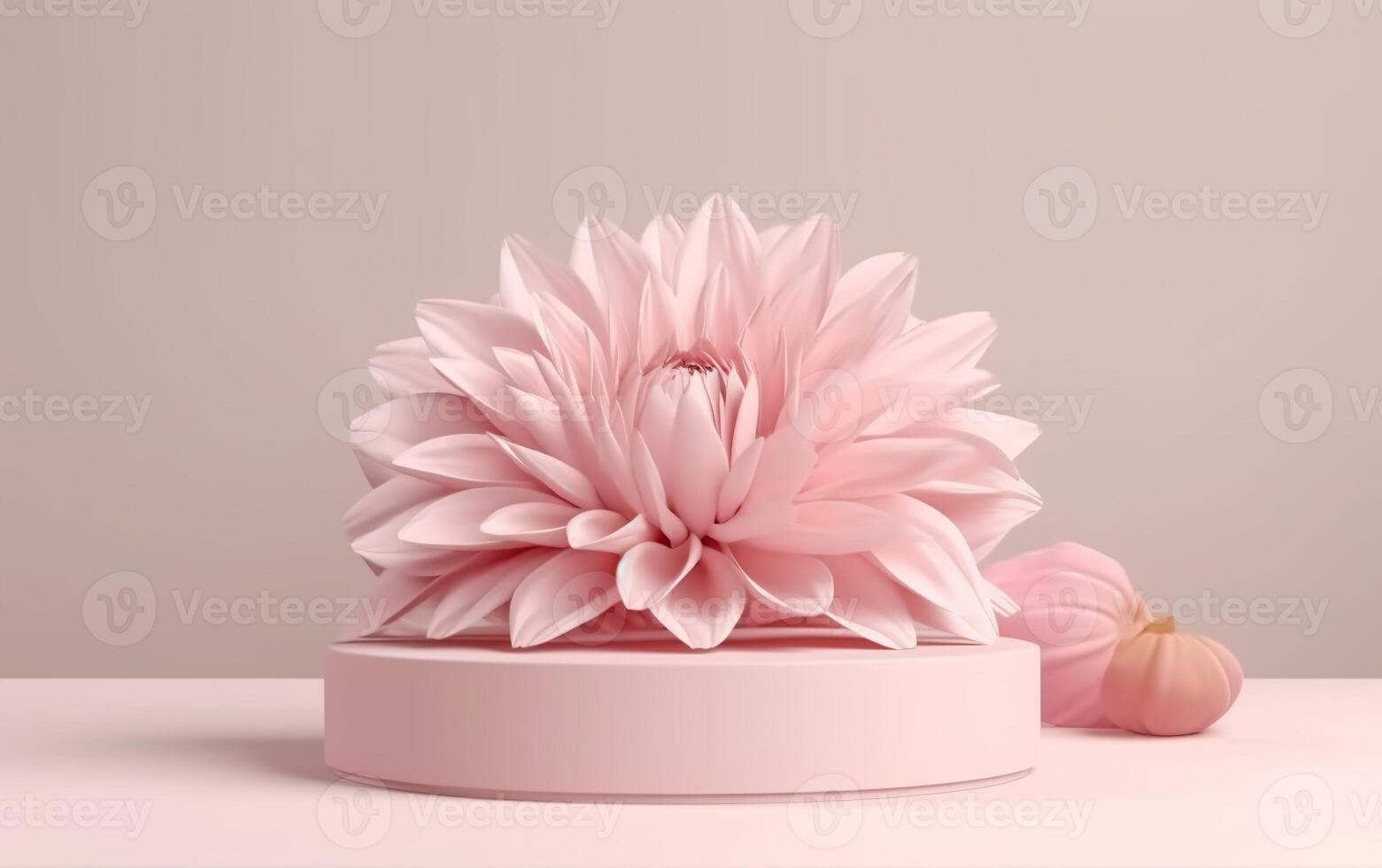 Flower on podium on pink background. AI, photo