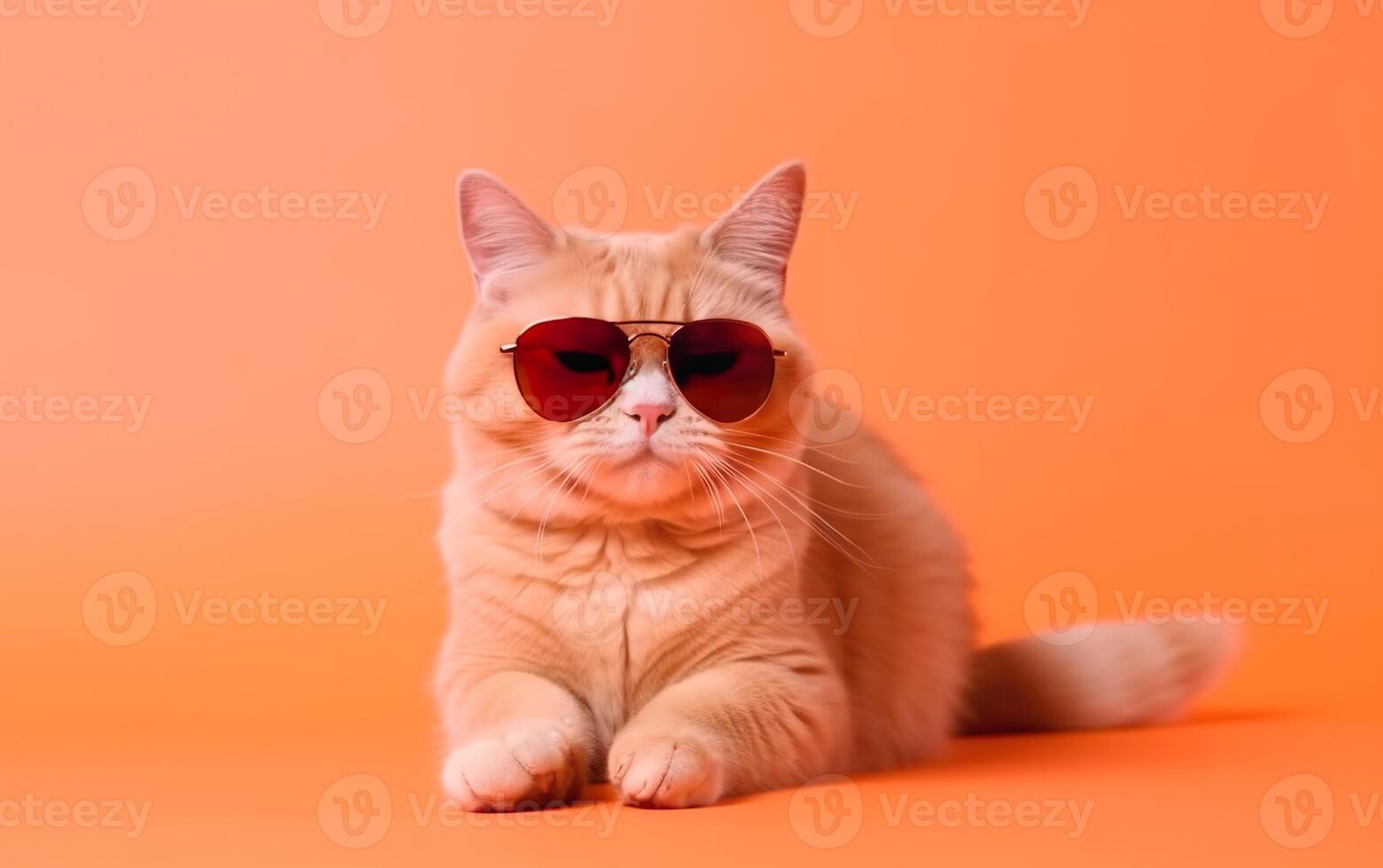 Fluffy cat in sunglasses on a peach background. AI, photo