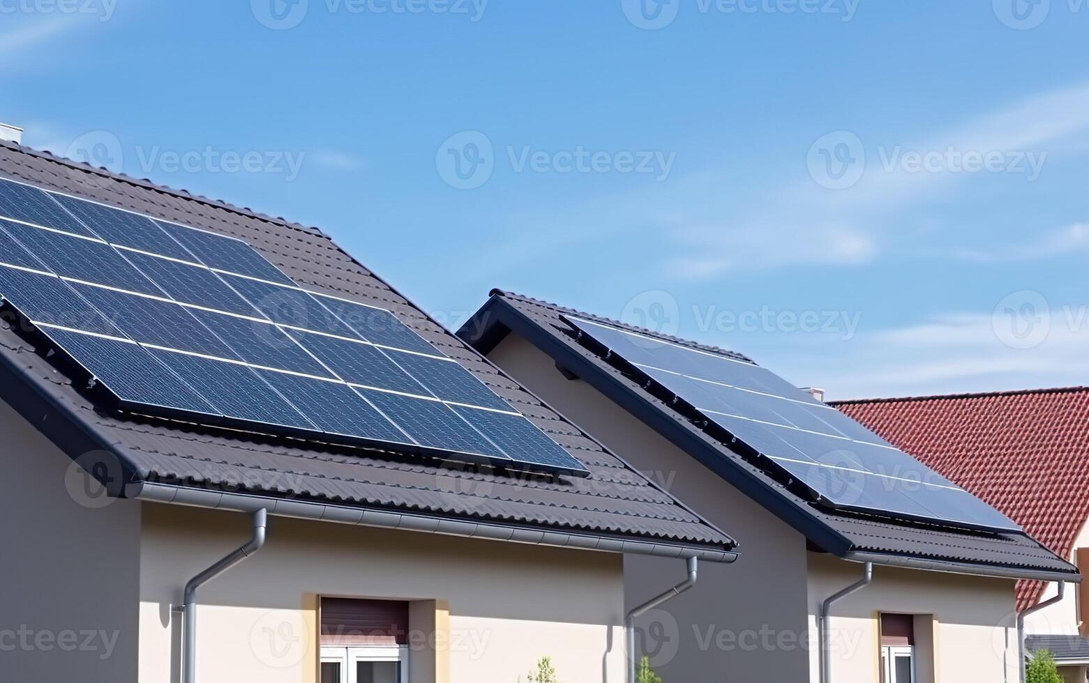 Houses with solar cells on the roofs. AI, photo