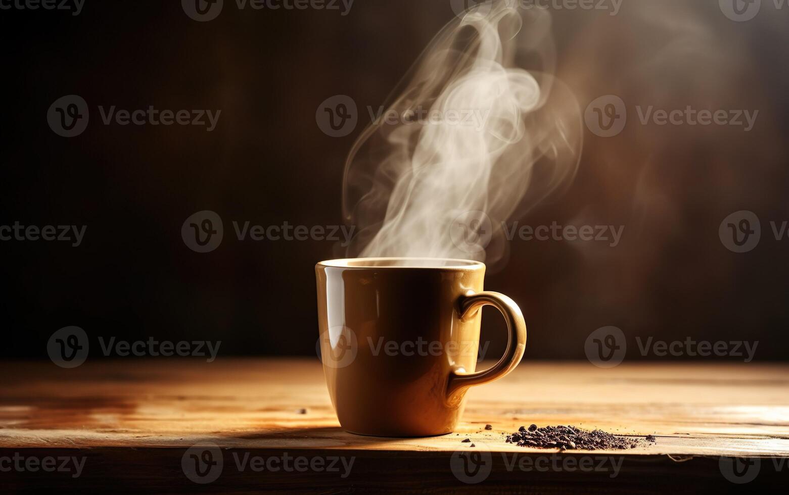Hot coffee, tea in a ceramic mug on a wooden table on dark background. AI, photo