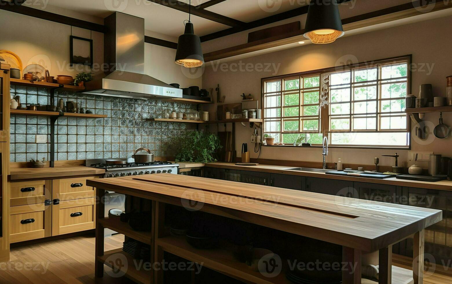 Side view on a wooden table and spacious loft kitchen with vintage decor and wooden cabinets. AI, Generative AI photo