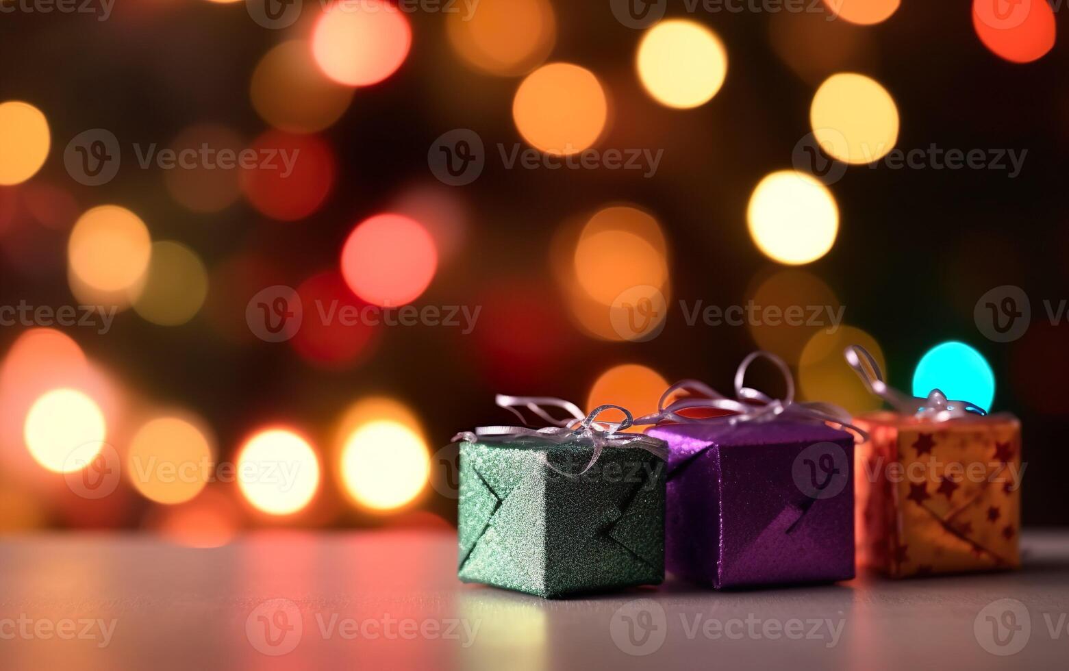Gifts wrapped in shiny paper, on a background of lights garlands. AI, photo