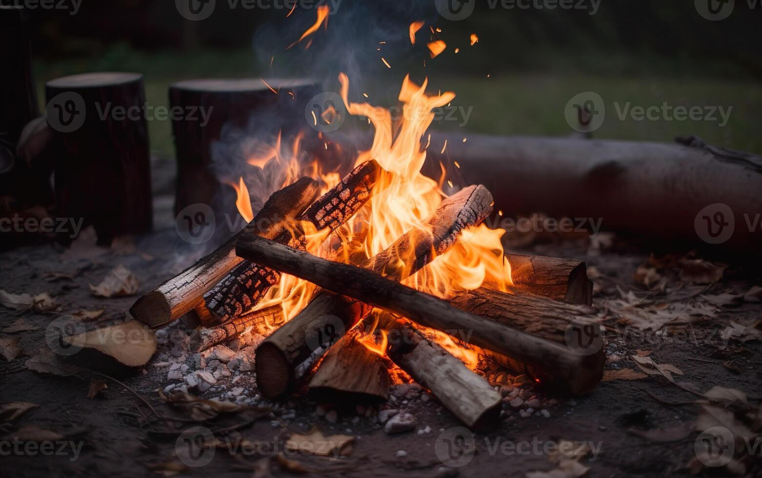 Campfire with logs against the background of the evening forest. AI, photo