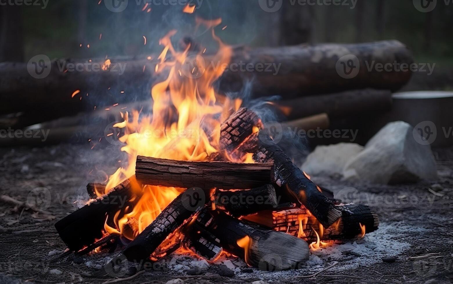 Campfire with logs against the background of the evening forest. AI, photo
