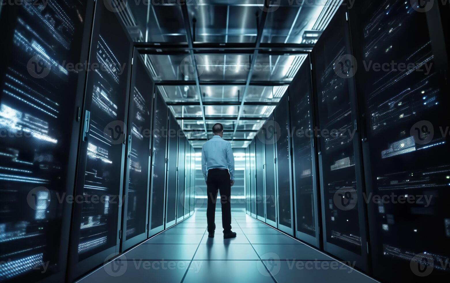 A corridor in a server room with many server racks and a man. AI, photo