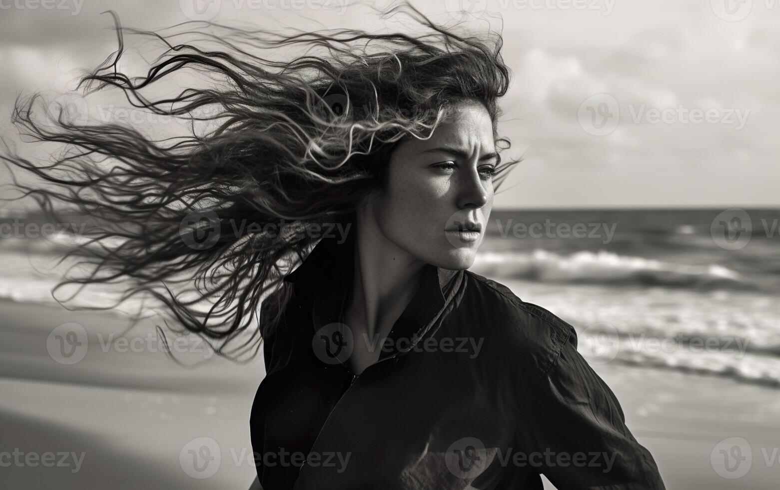Black and white portrait of a woman on sea background. AI, photo