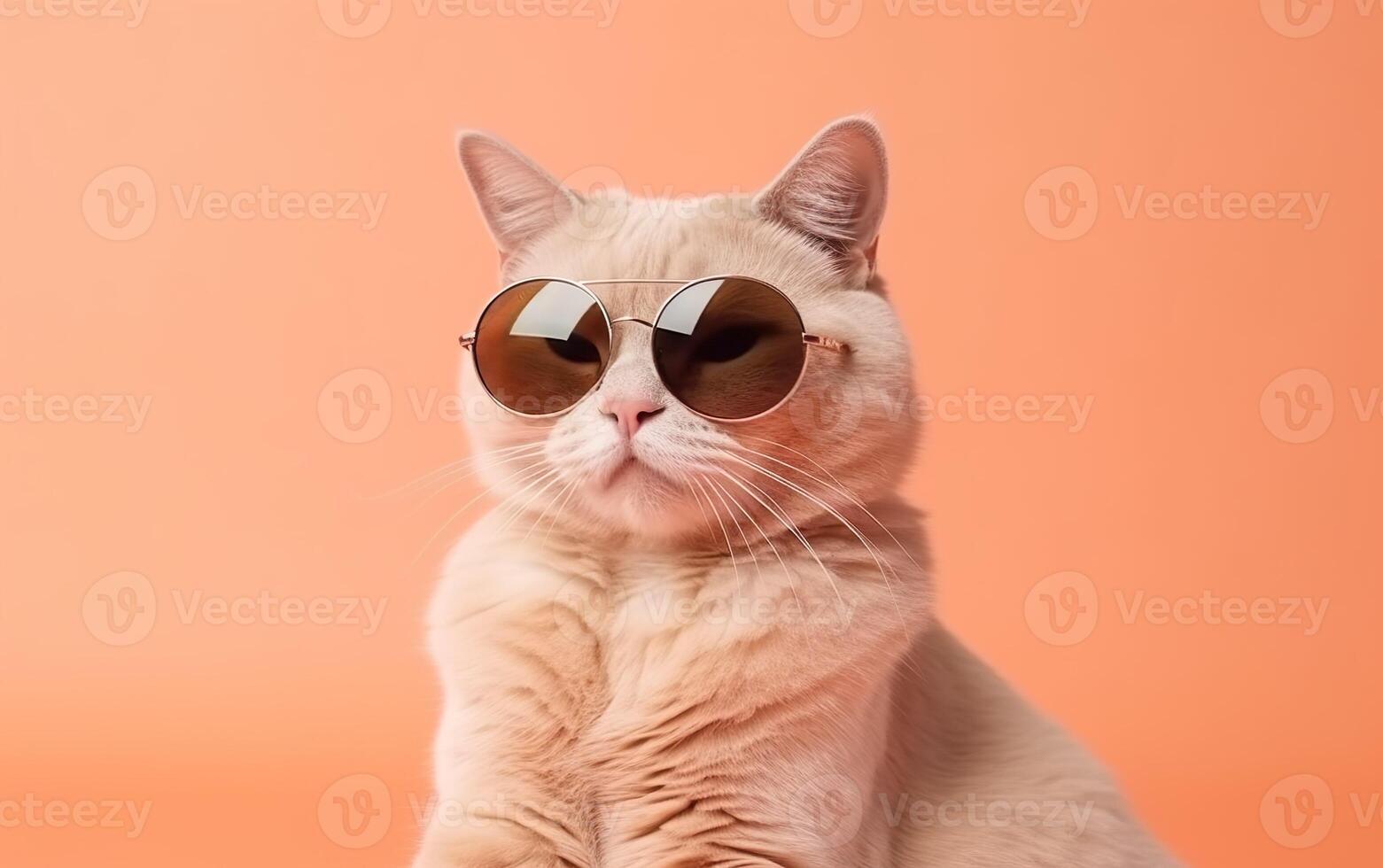 Portet shooting of a cat with sunglasses on a peach background. AI, photo