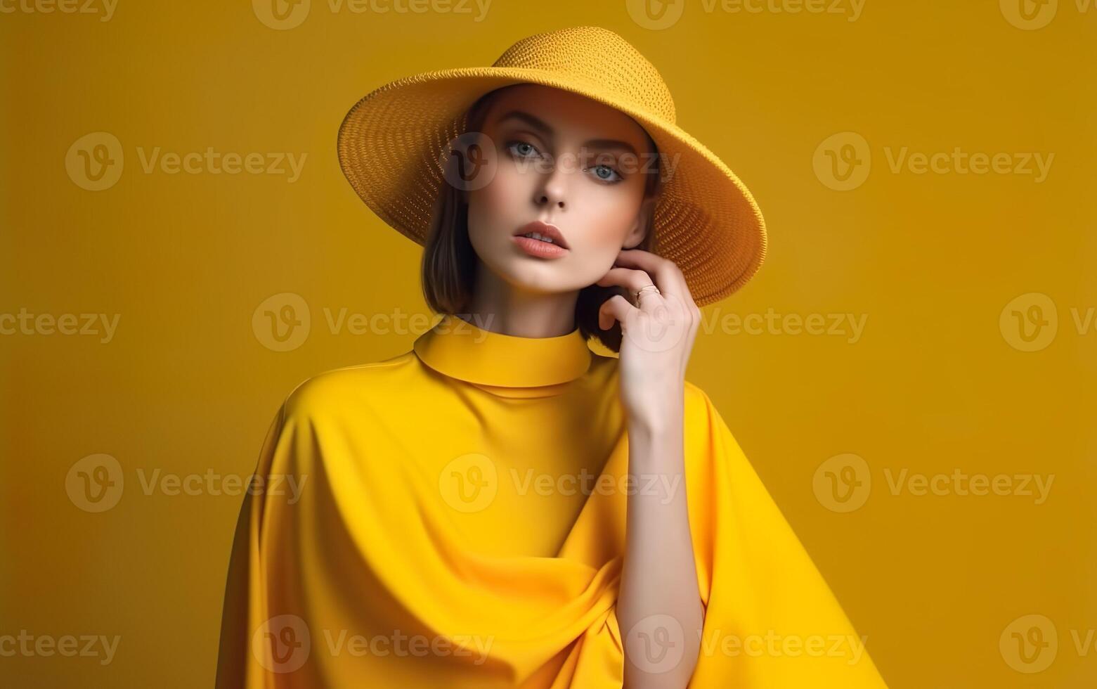 Portrait of a young girl wearing a yellow hat and a yellow poncho on yellow background. AI, photo