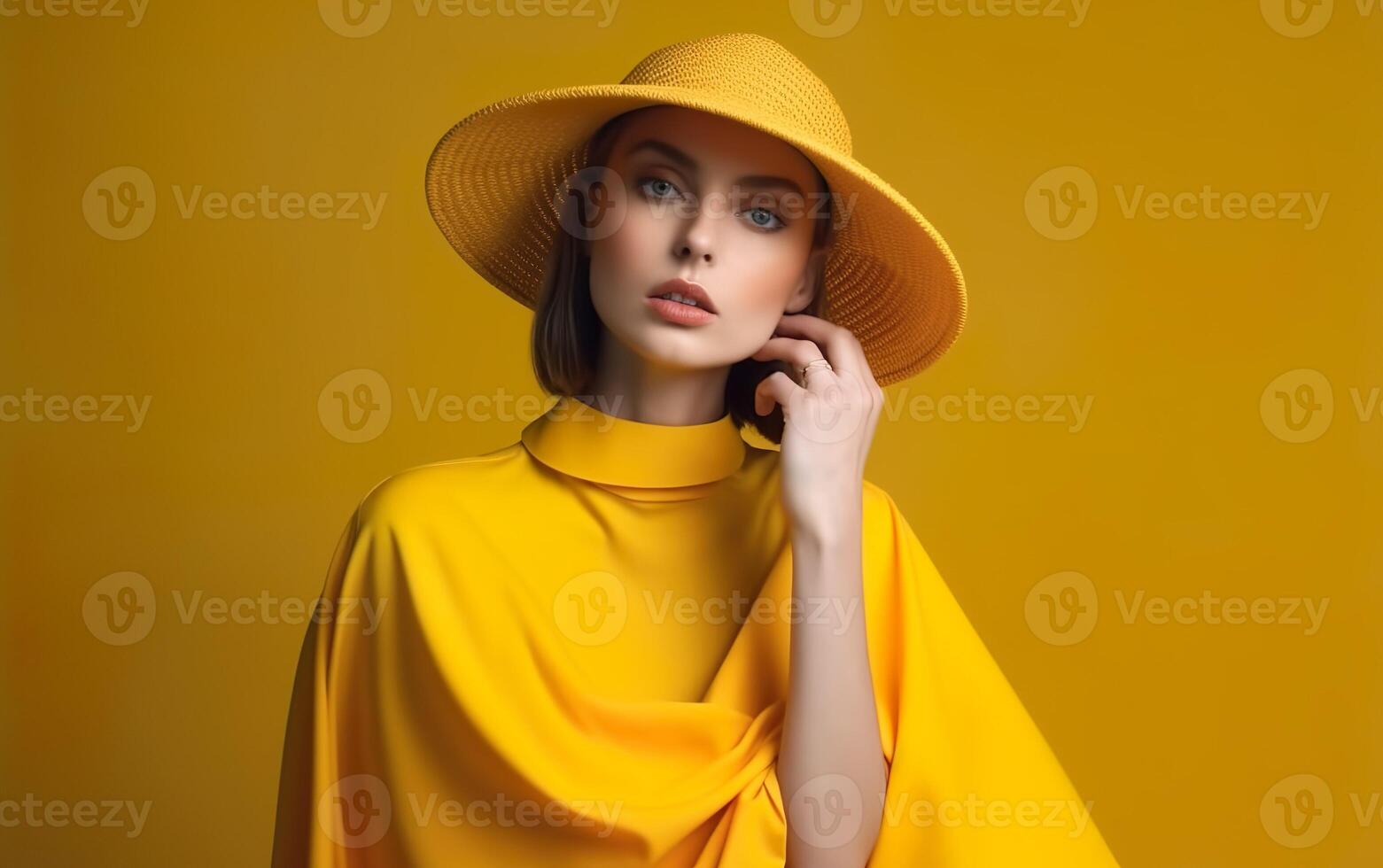 Portrait of a young girl wearing a yellow hat and a yellow poncho on yellow background. AI, Generative AI photo