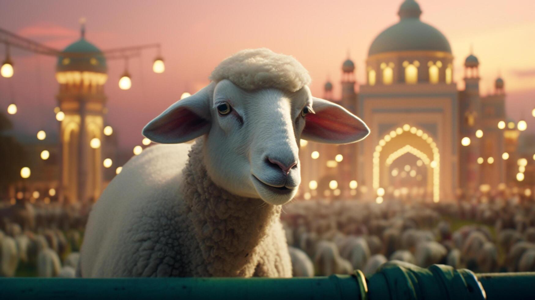 Sheep and Mosque on Eid Al Adha Nighttime photo