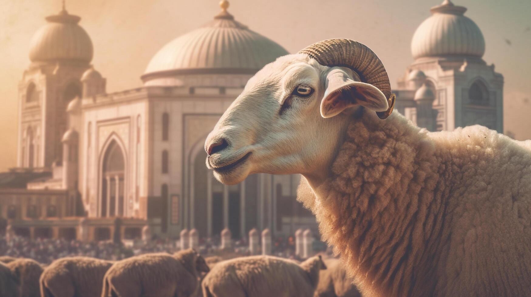 Sheep and Mosque on Eid Al Adha Festival photo
