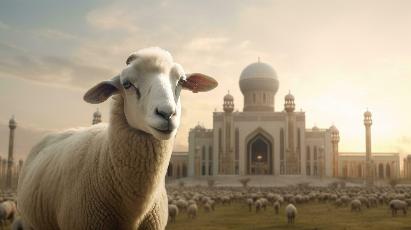 ai generativo oveja y mezquita en eid Alabama adha foto