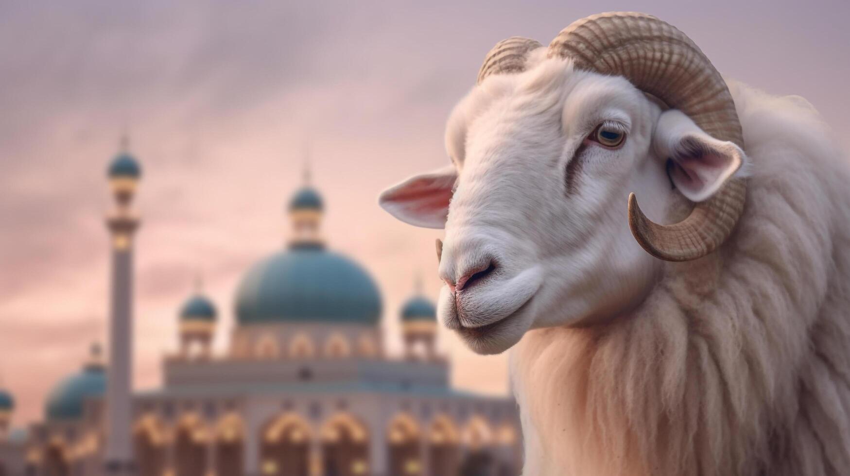 Sheep and Mosque on Eid Al Adha Islamic Feast photo