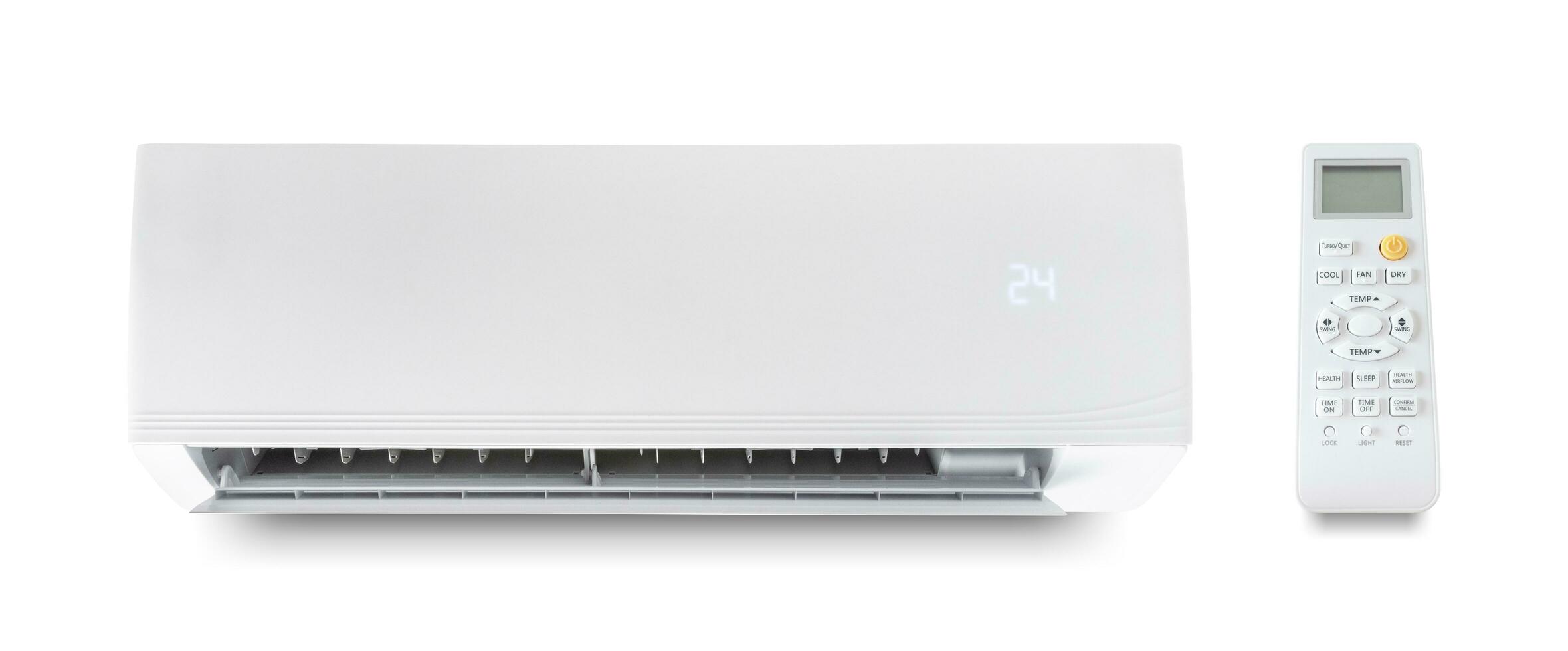 white air conditioner and remote isolated on white wall background. cooling product for in summer. clipping path. photo
