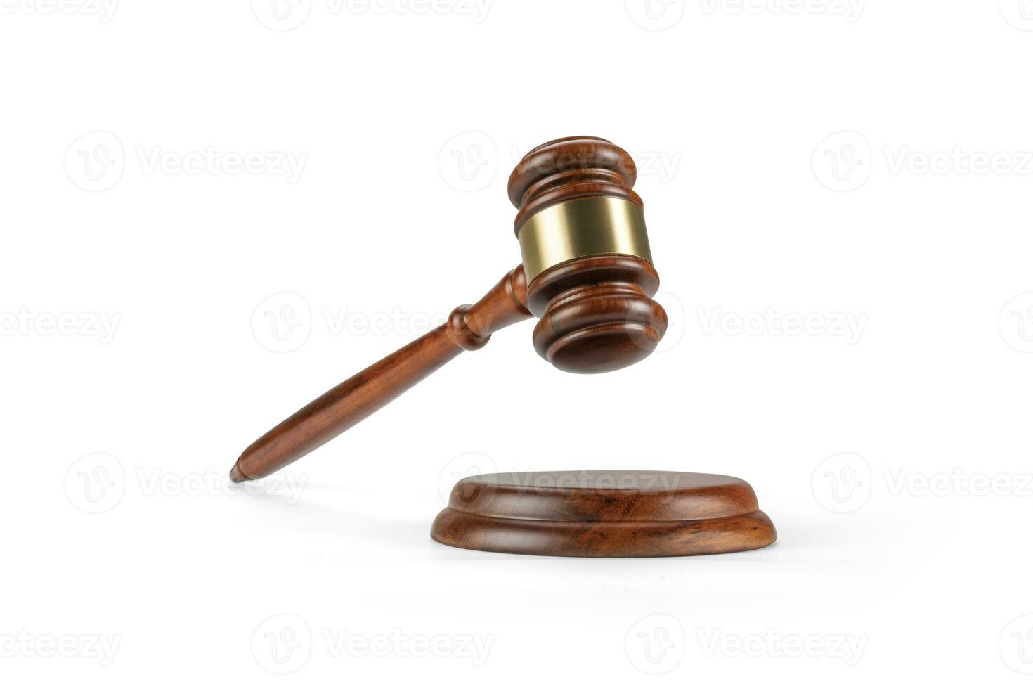 Judge's gavel hammer for adjudication isolated on white background. wooden auction hammer with a wooden stand. law and justice concept. photo