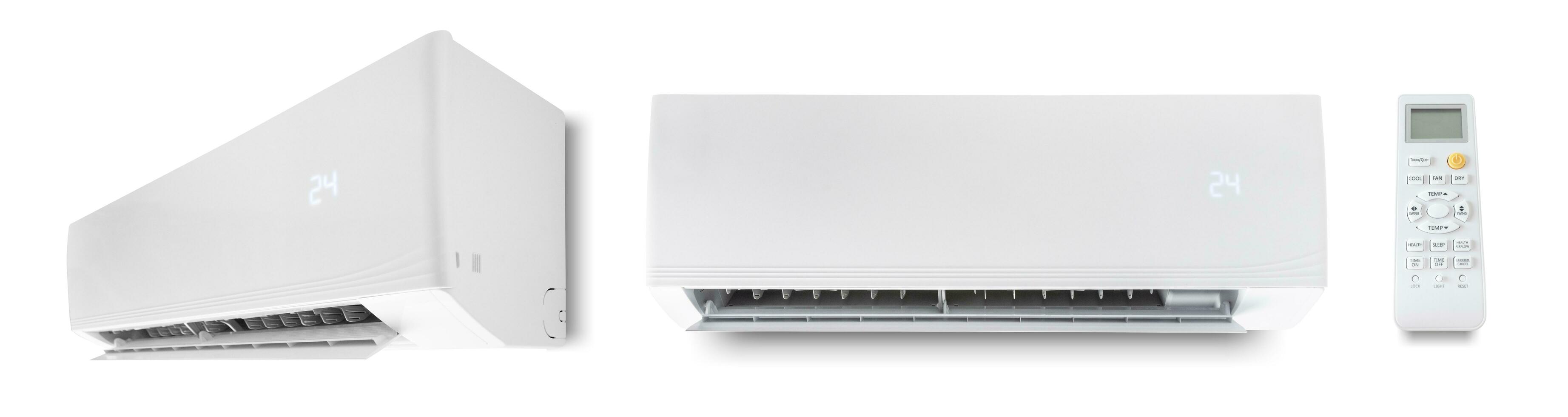 white air conditioner and remote isolated on white wall background. cooling product for in summer. clipping path. photo