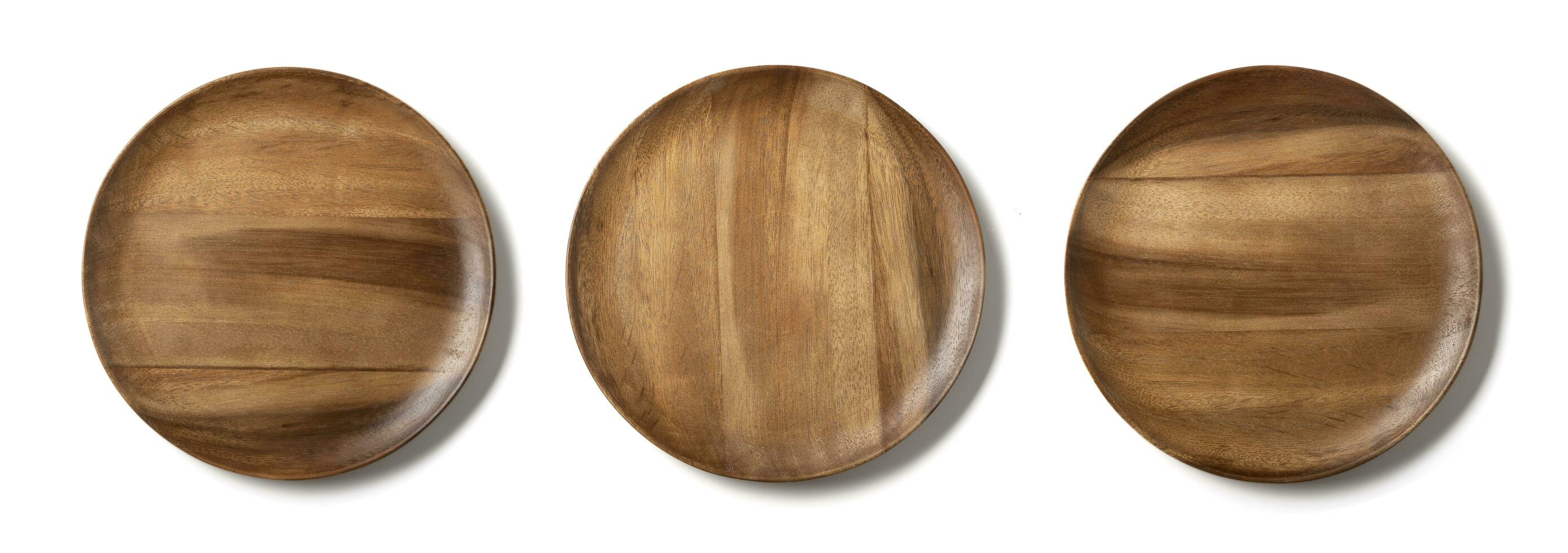 Top view,Antique wooden plate With beautiful patterns, plate food or coffee isolated on white background. photo