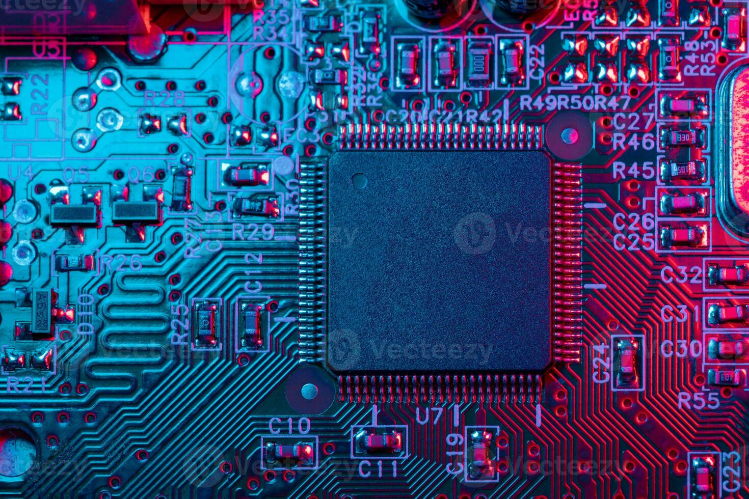 Digital Microprocessor. Computer Controller Circuit Board closeup Main Central Processing Unit Electronic Chips with Data Signal Lane. photo