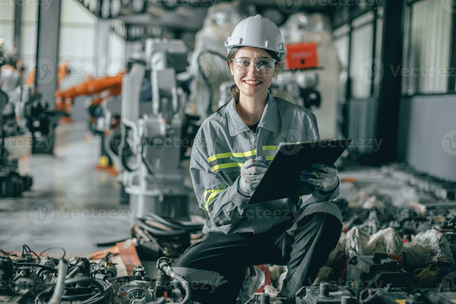 Engineer woman team worker work in Machine Robotic modern Automation Industry. Mechanic staff employee in metal factory. photo