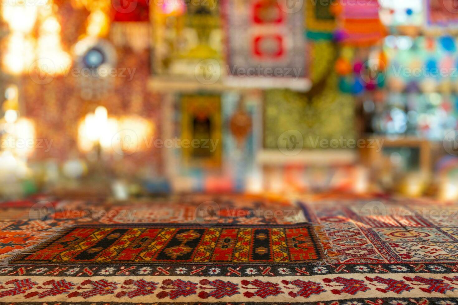 Turkish Istanbul Grand Bazaar carpet and lantern blur decoration montage for advertising background. photo