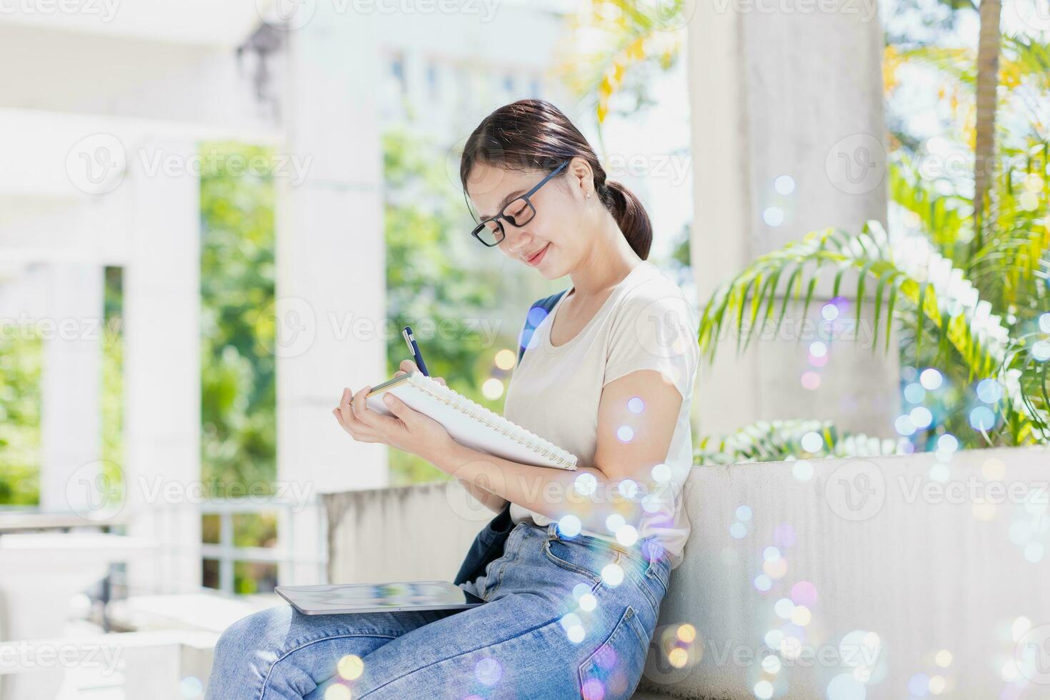 University teen girl happy smiling enjoy learning education. young woman with diary note pocket book photo