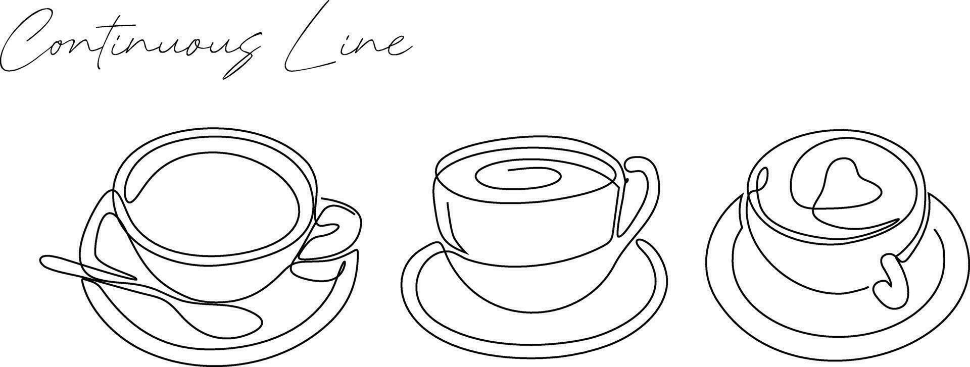 continuous line set bundle cup of coffee white background vector