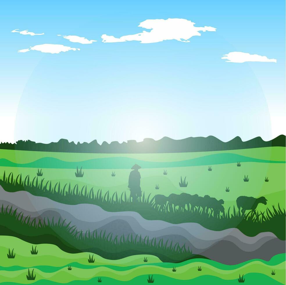 landscape vector illustration design template on meadow grazing goats