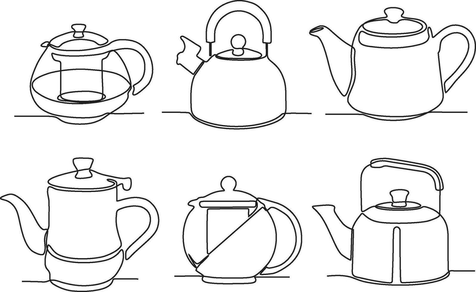 line drawing continuous bundle set of teapot vector illustration