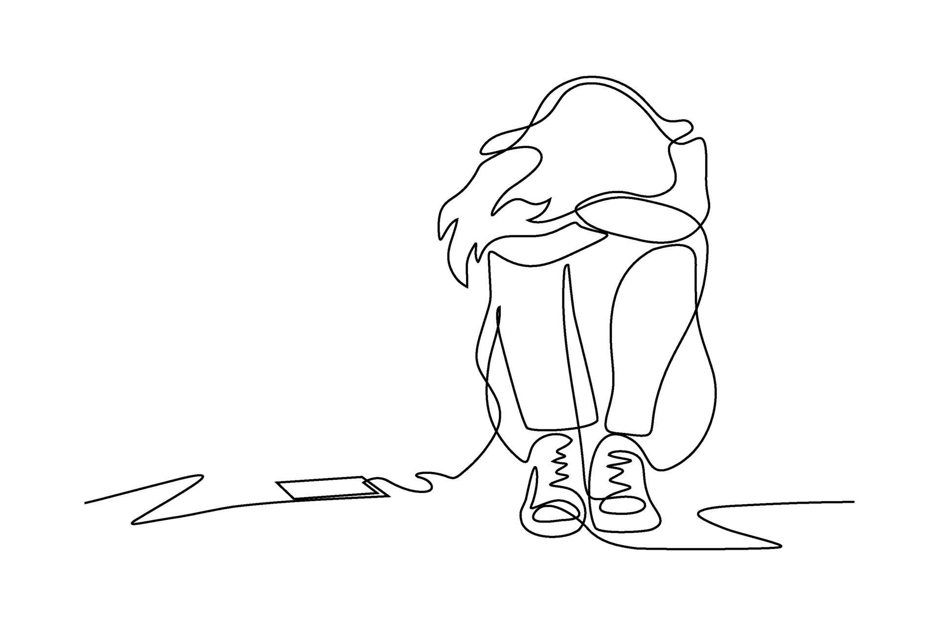 continuous line vector illustration of a woman who is sad, depressed