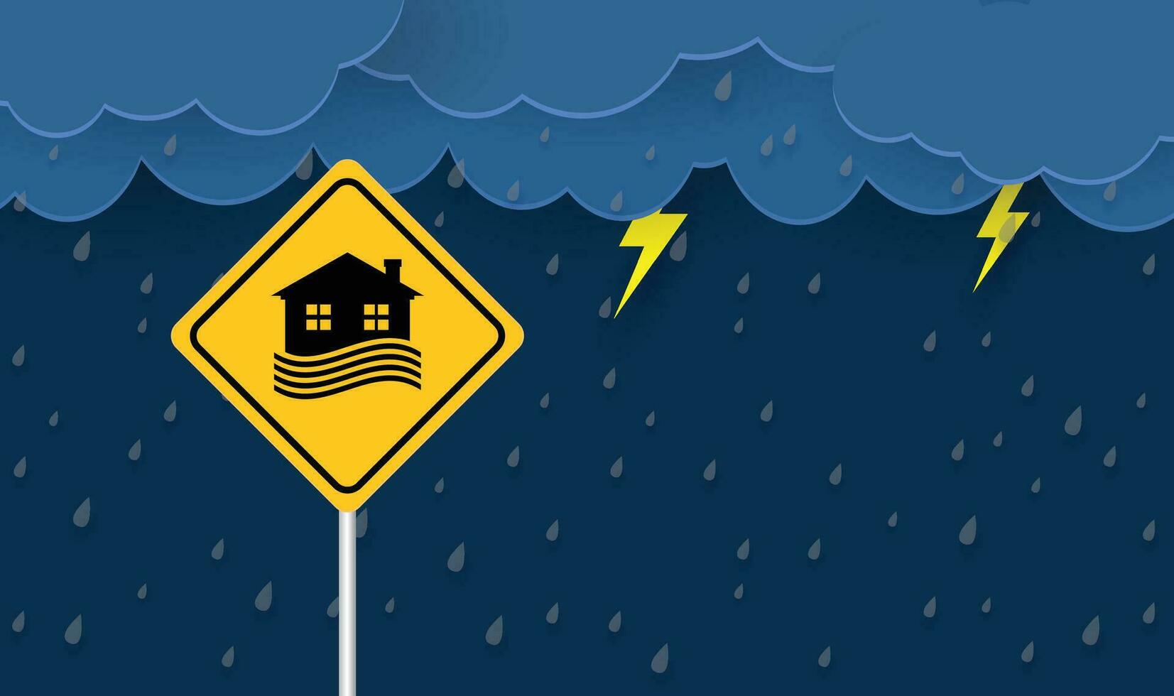 señal de área de inundación, desastre natural con casa, fuertes lluvias y tormentas, daños en el hogar, nubes y lluvia, inundación de agua en la ciudad, casa inundada. vector